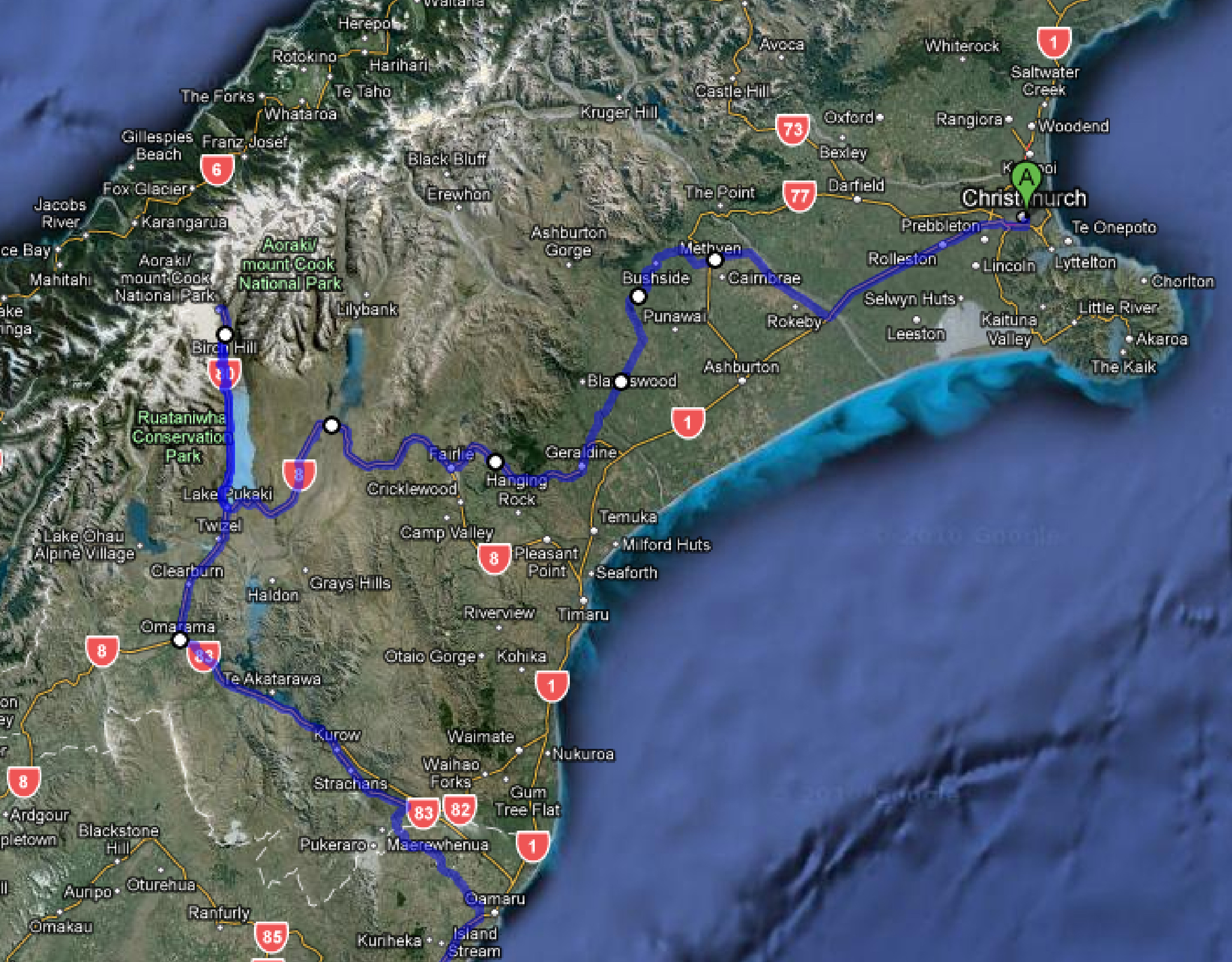 Highway route Christchurch-MtCook-Oamaru